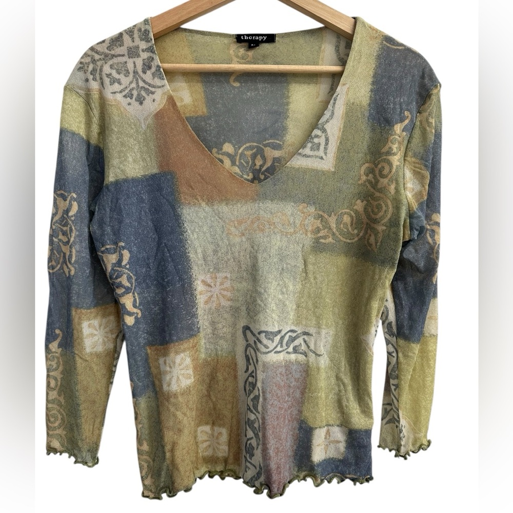 🌀 Therapy Vintage Y2K Patchwork Mesh Top – Size Large 🌀